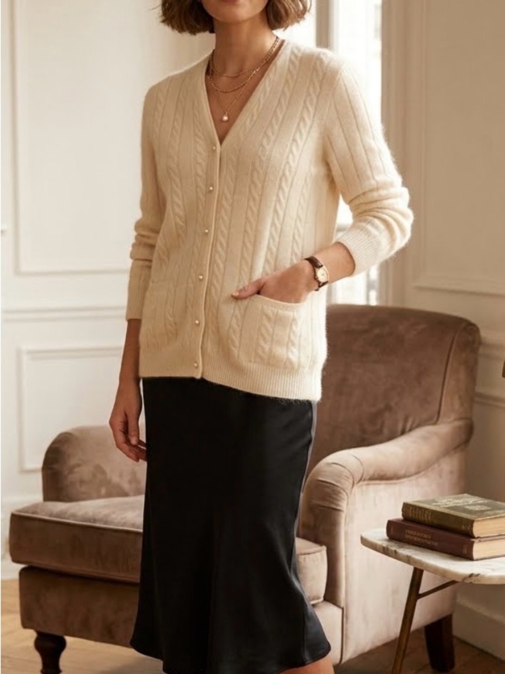 Vintage Classic Women's Cream Sweater Angora and Lambswool blend with Pearls